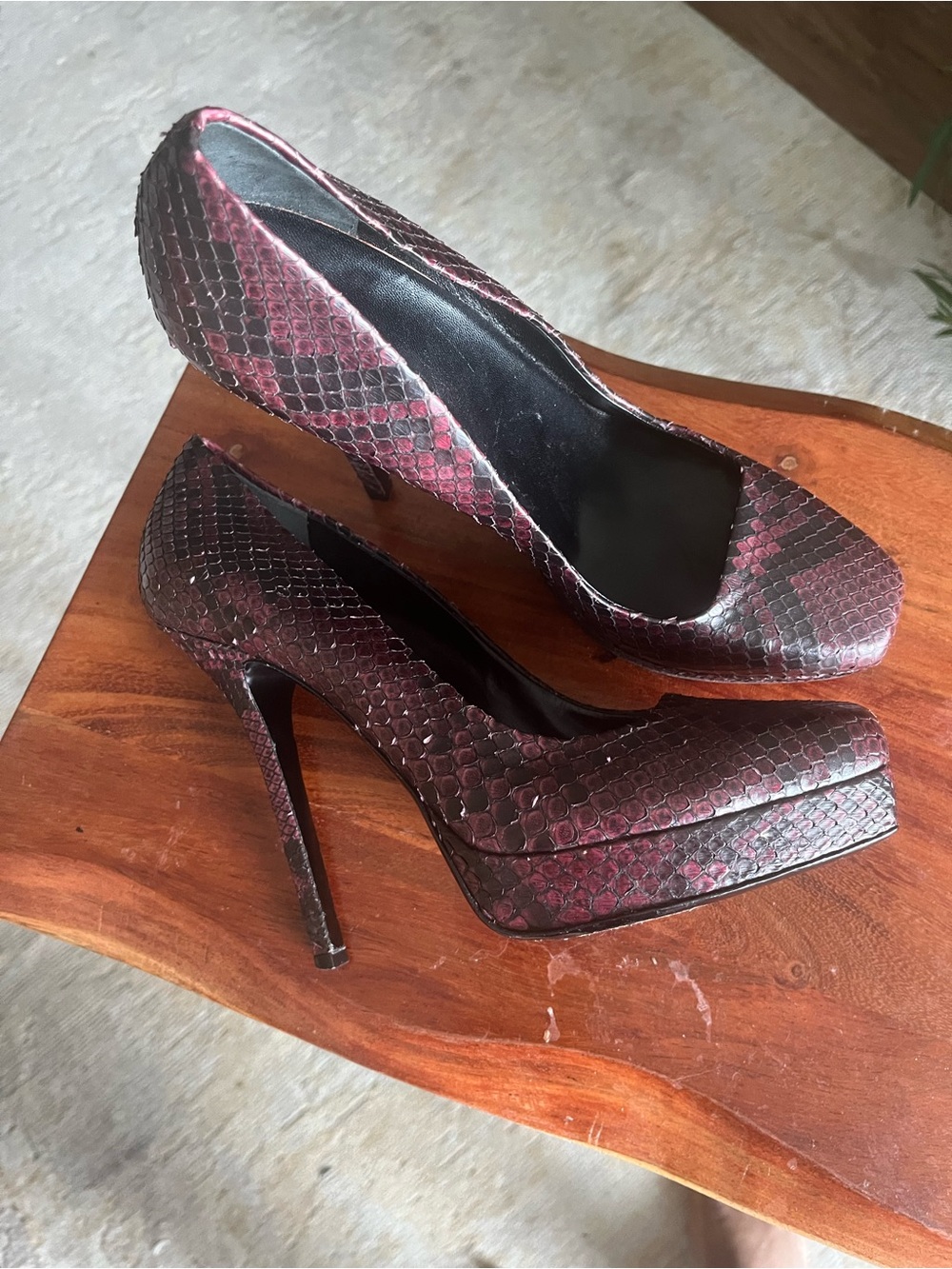 Gucci Burgundy and Black Snakeskin Platform Pumps